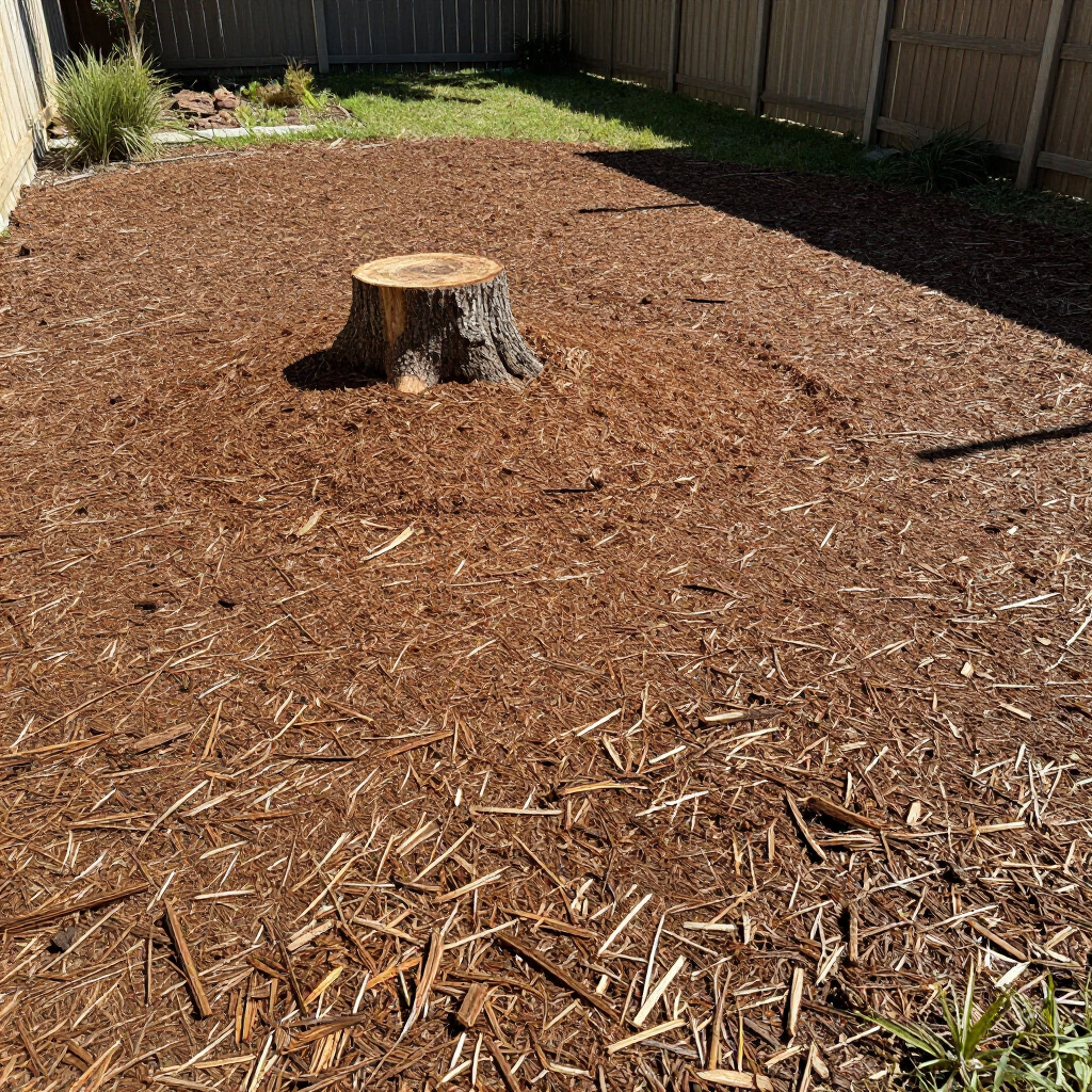 Mulched backyard with a tree stump in the center and a wooden fence around the yard