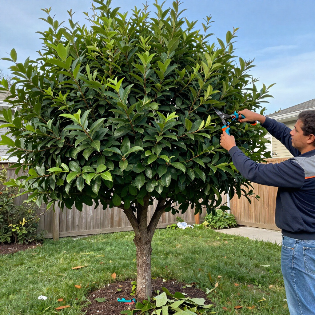 Man trimming a leafy tree with pruning shears in a backyard