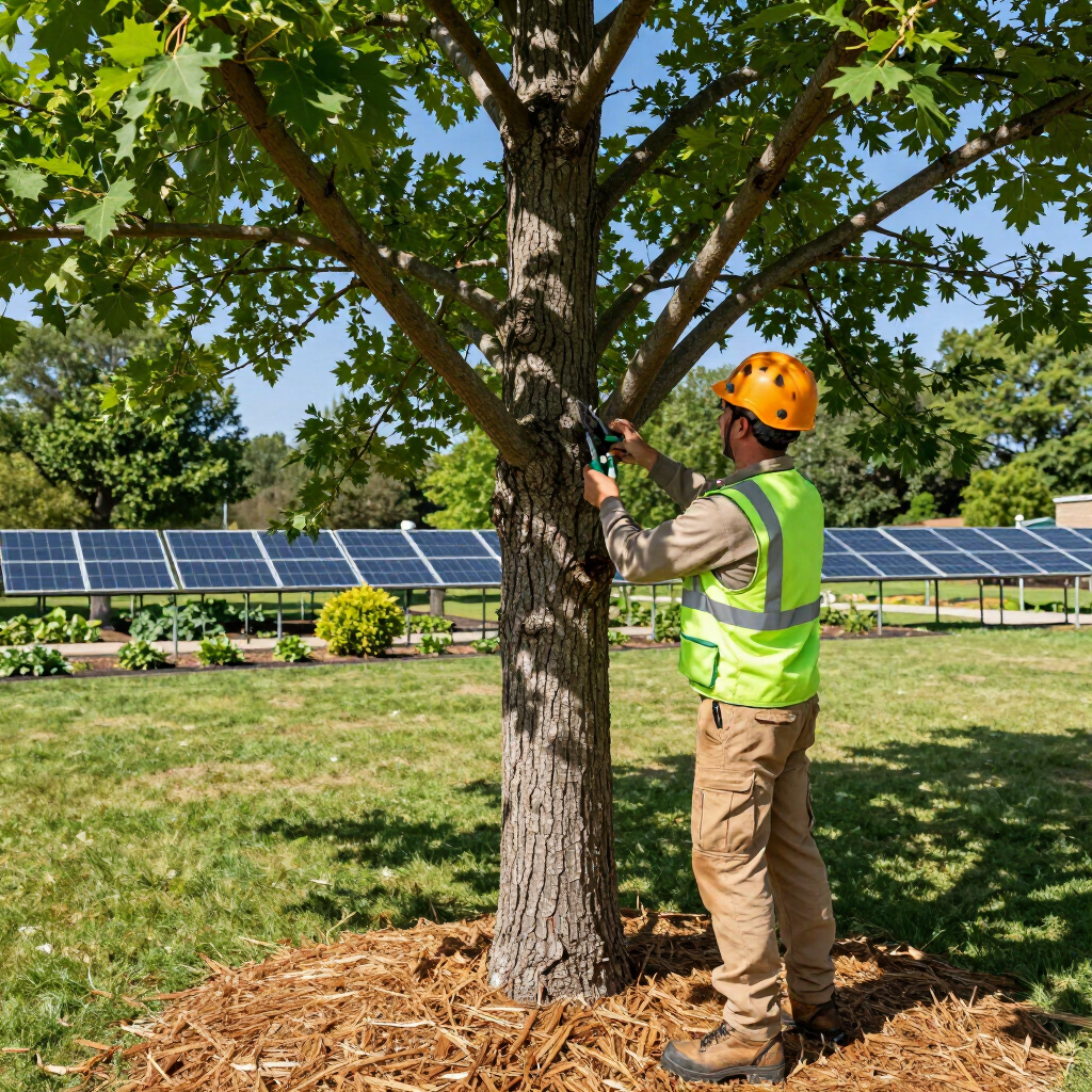 Worker in safety vest pruning a tree near solar panels on a sunny day