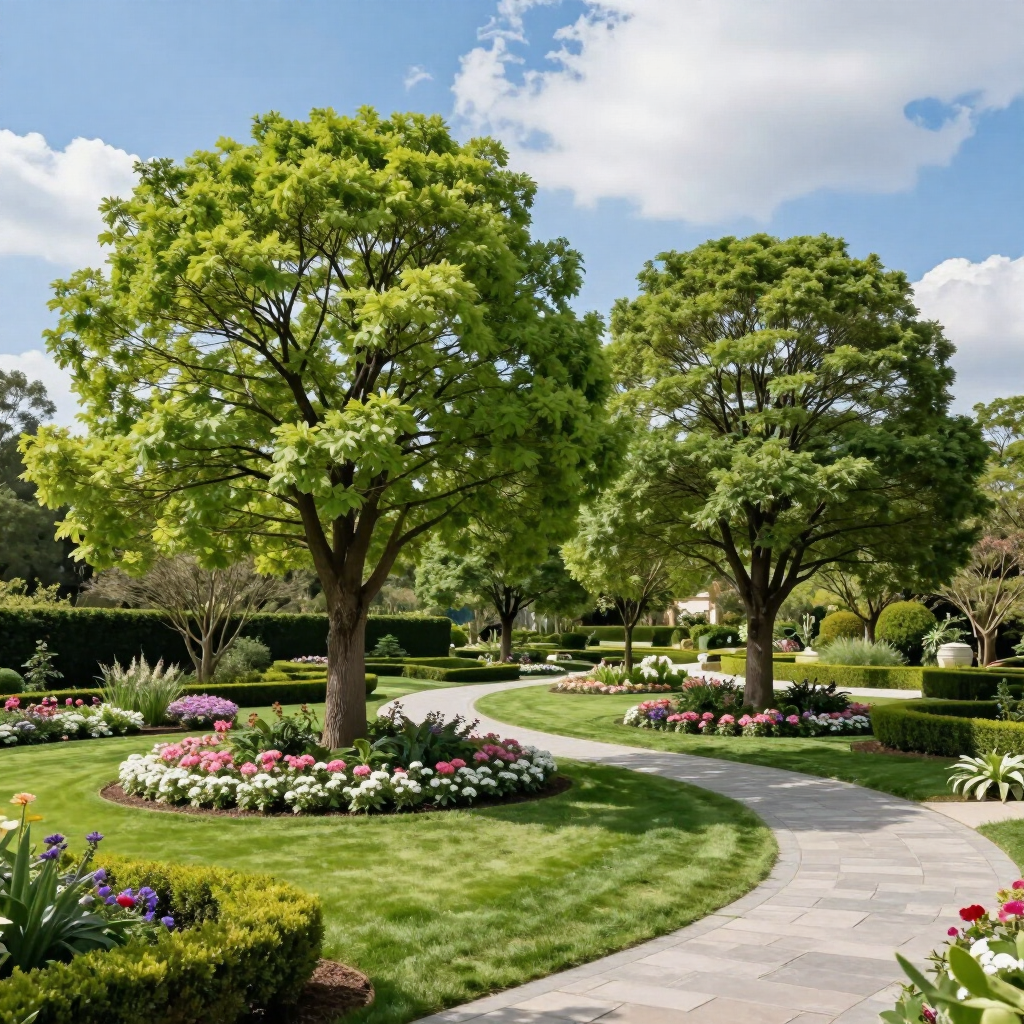Sunny landscaped park with winding stone path, flowering beds, and two leafy trees under a blue sky