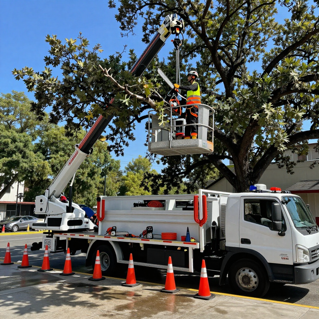 Utility workers in a bucket lift trimming tree branches beside a white service truck on a street