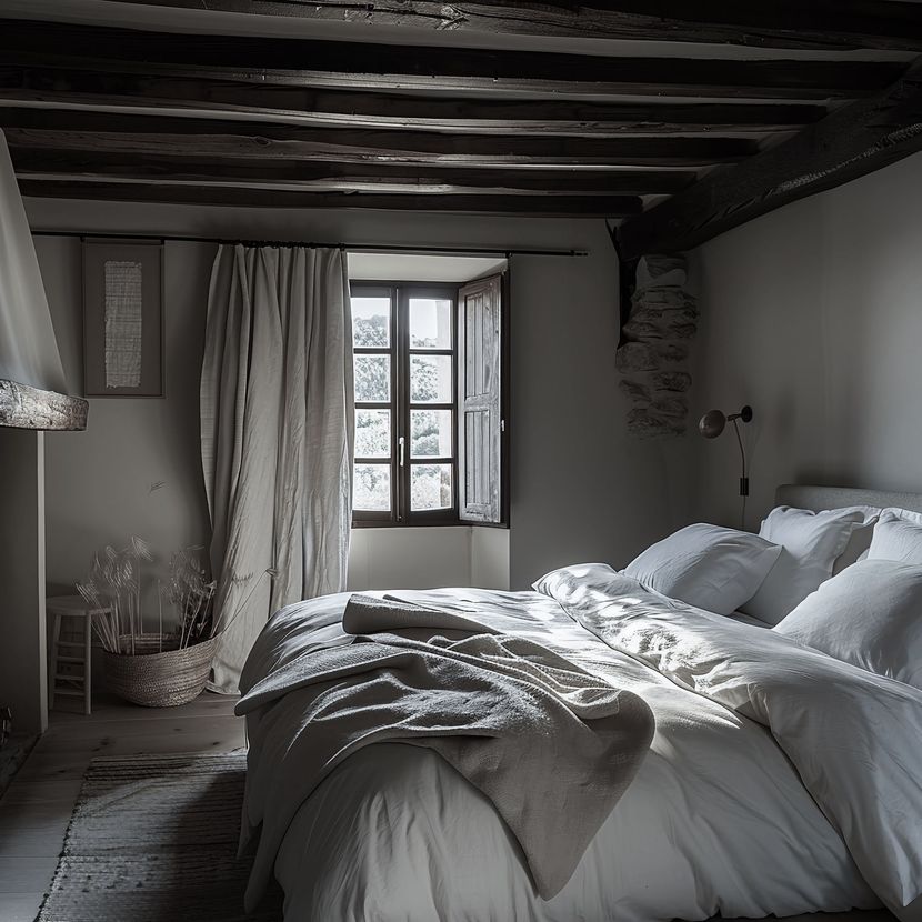 Habitación con vigas de madera oscura y sábanas blancas