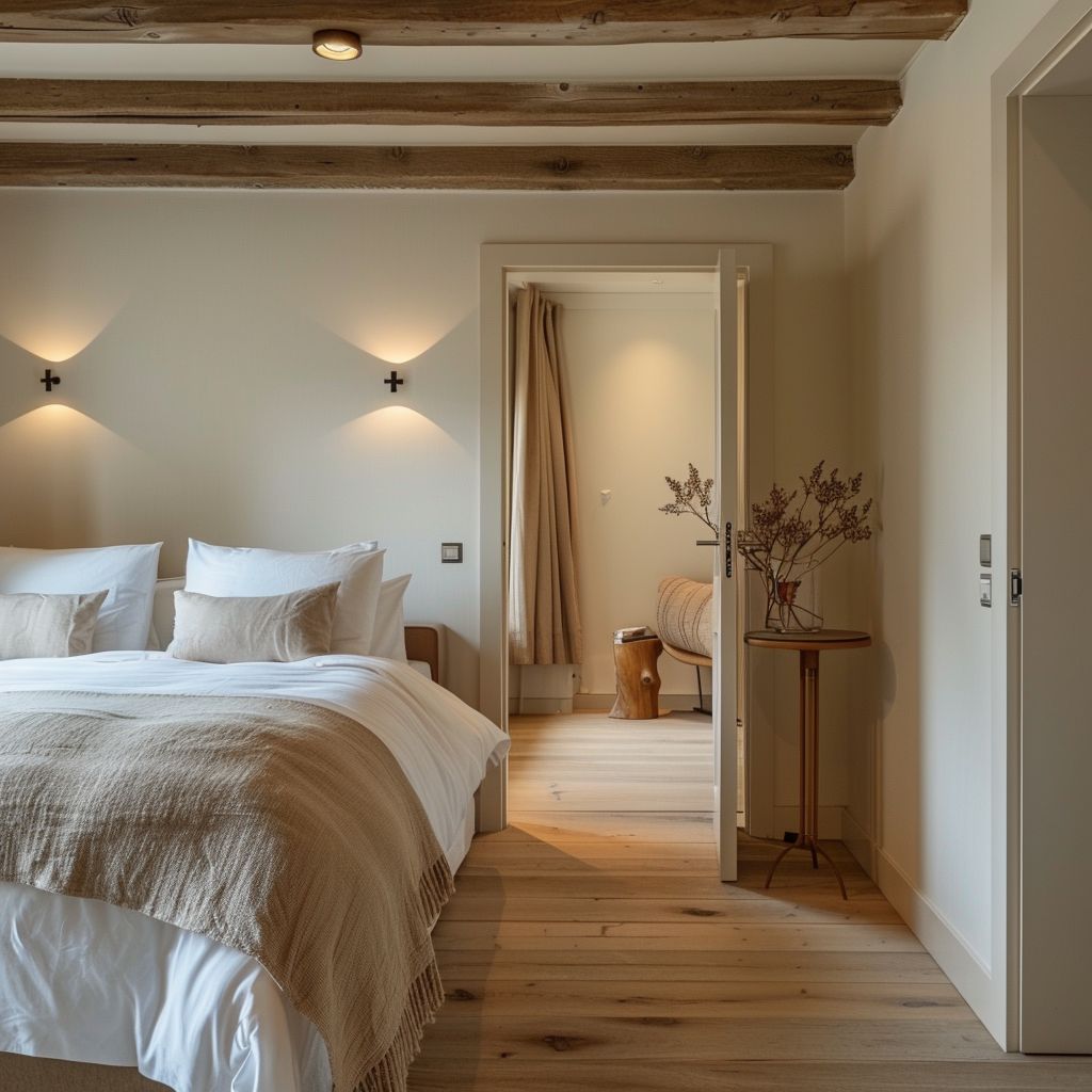 Chambre aux tons chaleureux avec poutres en bois