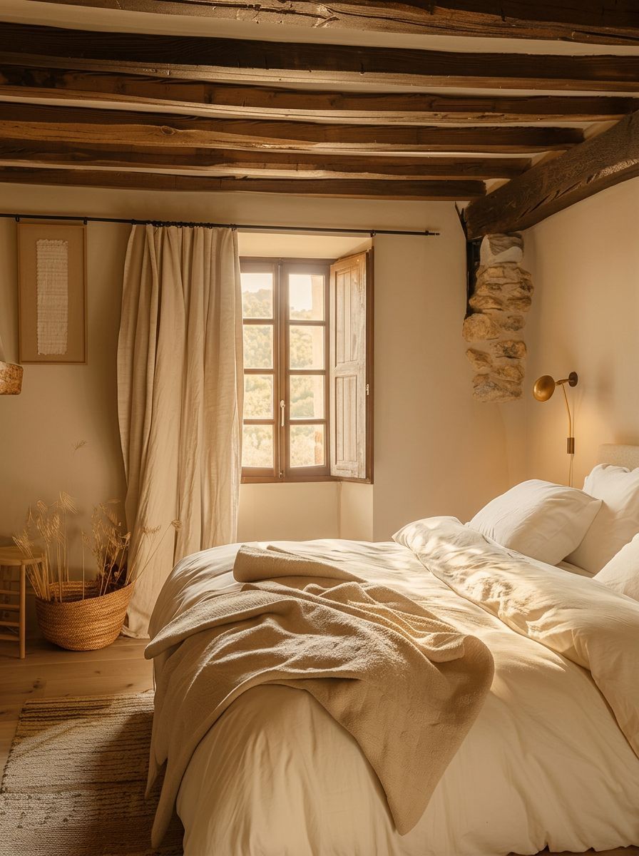 Chambre avec poutres en bois et linge de lit blanc