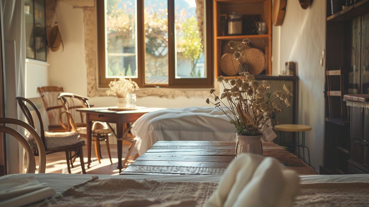 Chambre lumineuse avec vue sur des arbres en automne