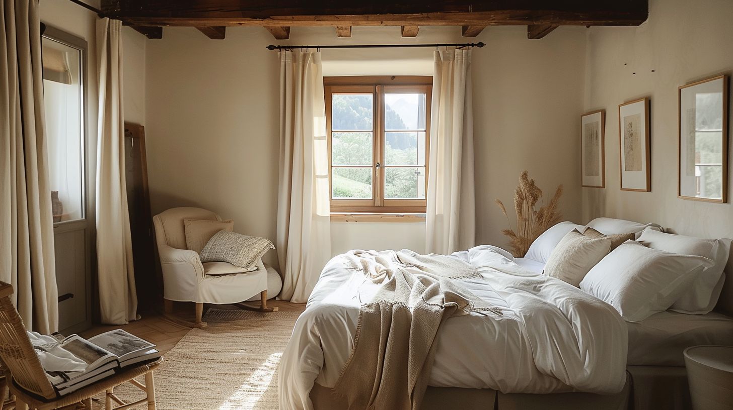 Chambre ensoleillée avec lit et fauteuil