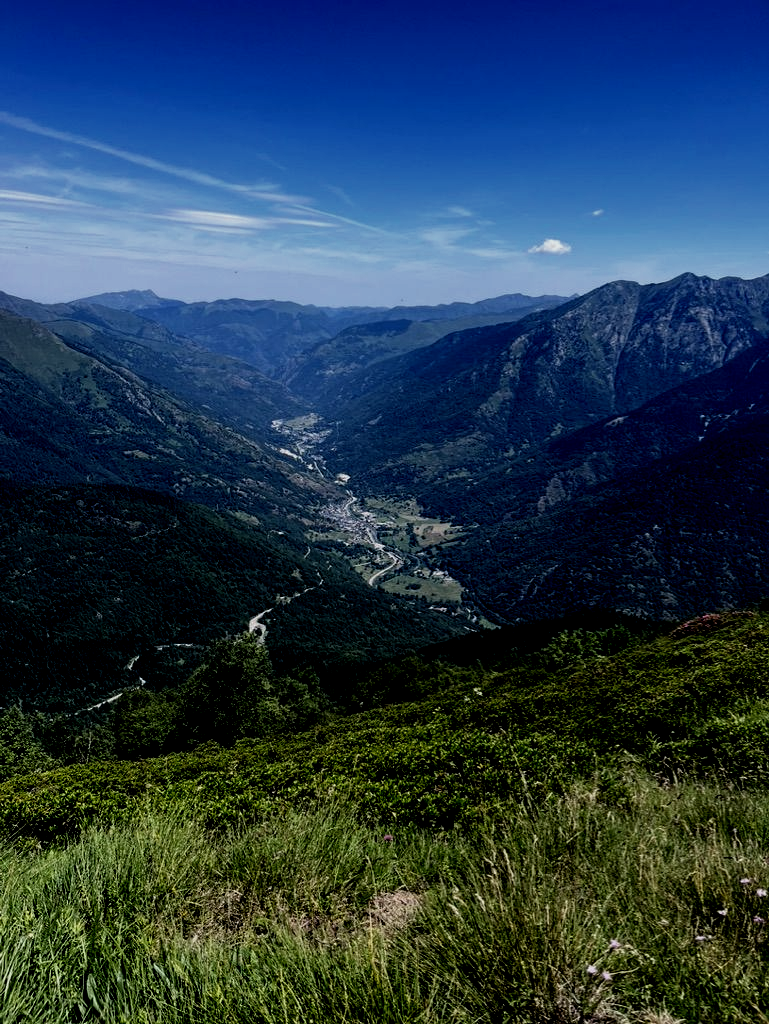 Valle verde y río entre montañas en verano