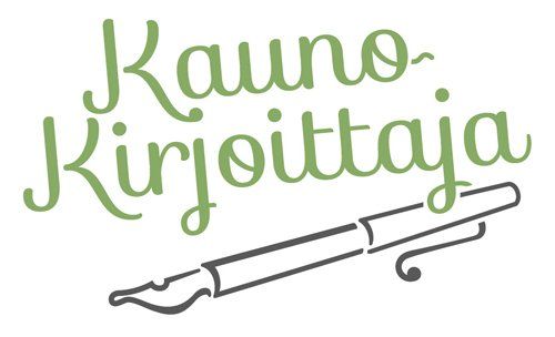 Kaunokirjoittaja logo jossa teksti Kaunokirjoittaja ja viivapiirros mustekynästä.