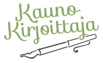 Green handwritten logo reading “Kaunokirjoittaja” with a pen illustration underneath