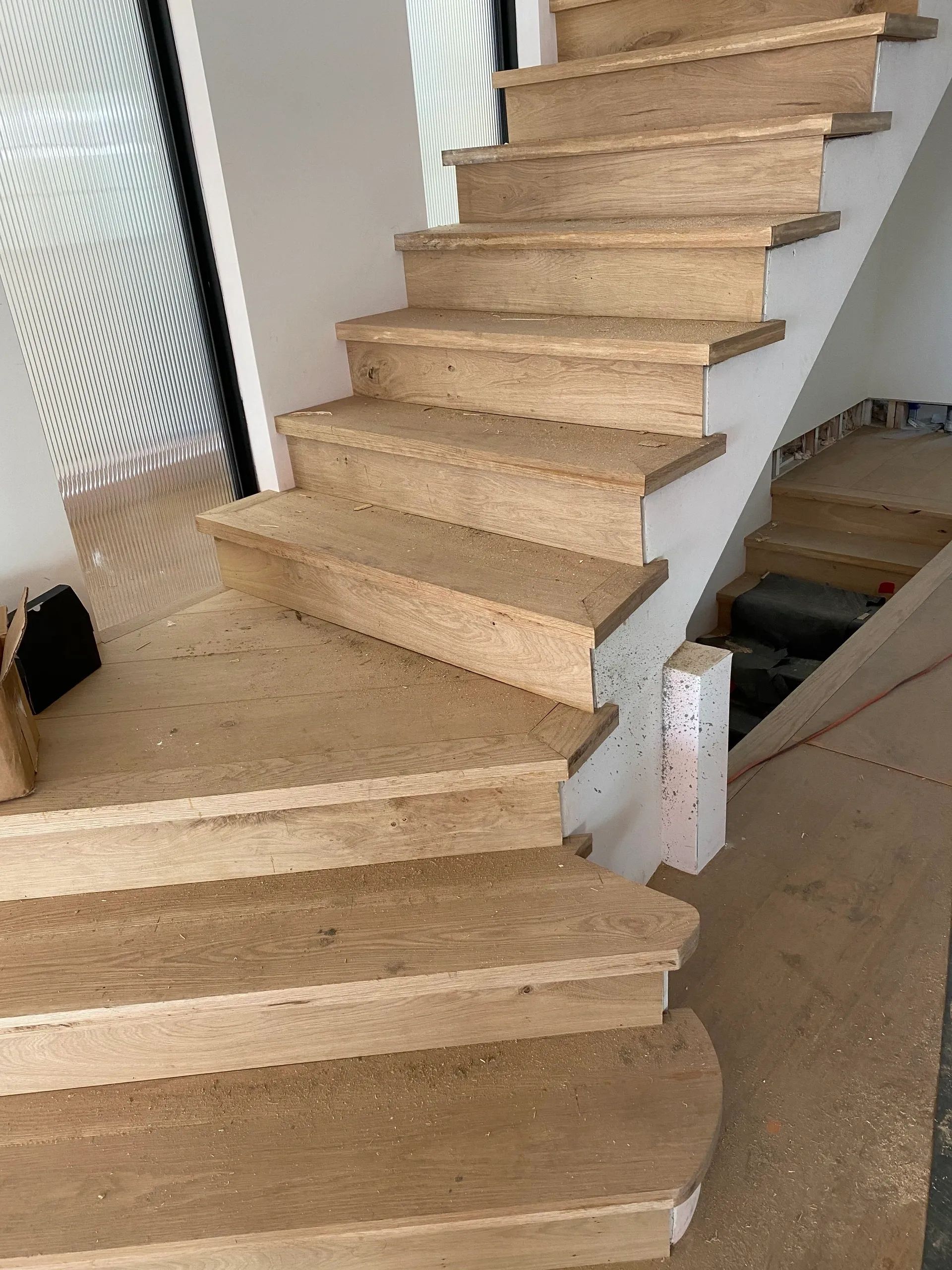A staircase is being built in a house
