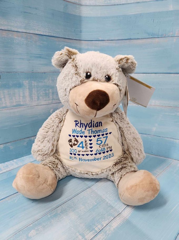 A Teddy Bear Is Sitting on A Blue Wooden Table — Sew Affordable In Charmhaven, NSW