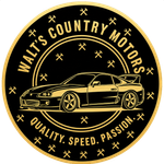 Walt&rsquo;s Country Motors logo with a black-and-gold classic sports car and the text &ldquo;QUALITY, SPEED, PASSION&rdquo;