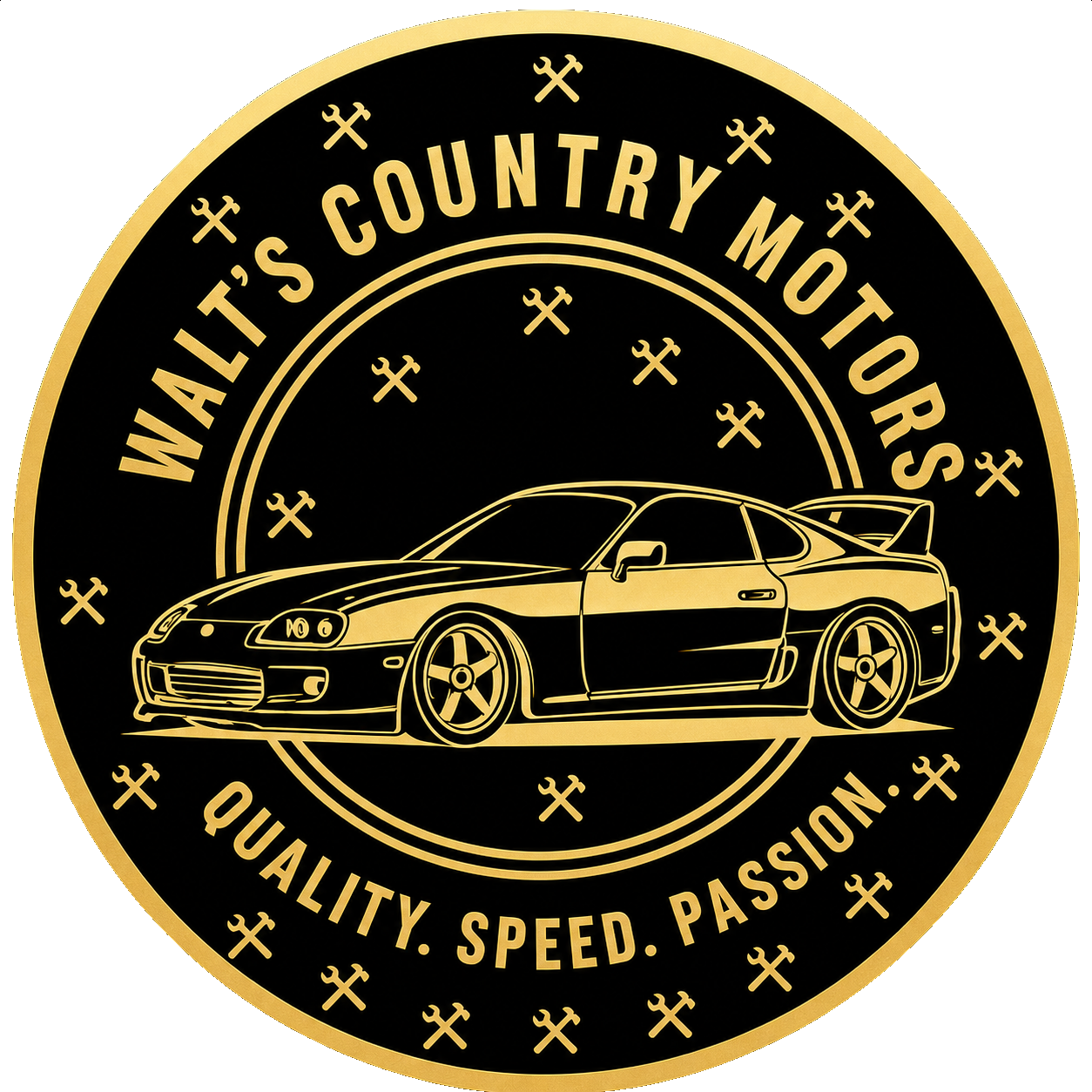 Walt&rsquo;s Country Motors logo with a black-and-gold classic sports car and the text &ldquo;QUALITY, SPEED, PASSION&rdquo;