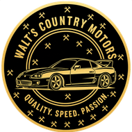 Walt&rsquo;s Country Motors logo with a black-and-gold classic sports car and the text &ldquo;QUALITY, SPEED, PASSION&rdquo;