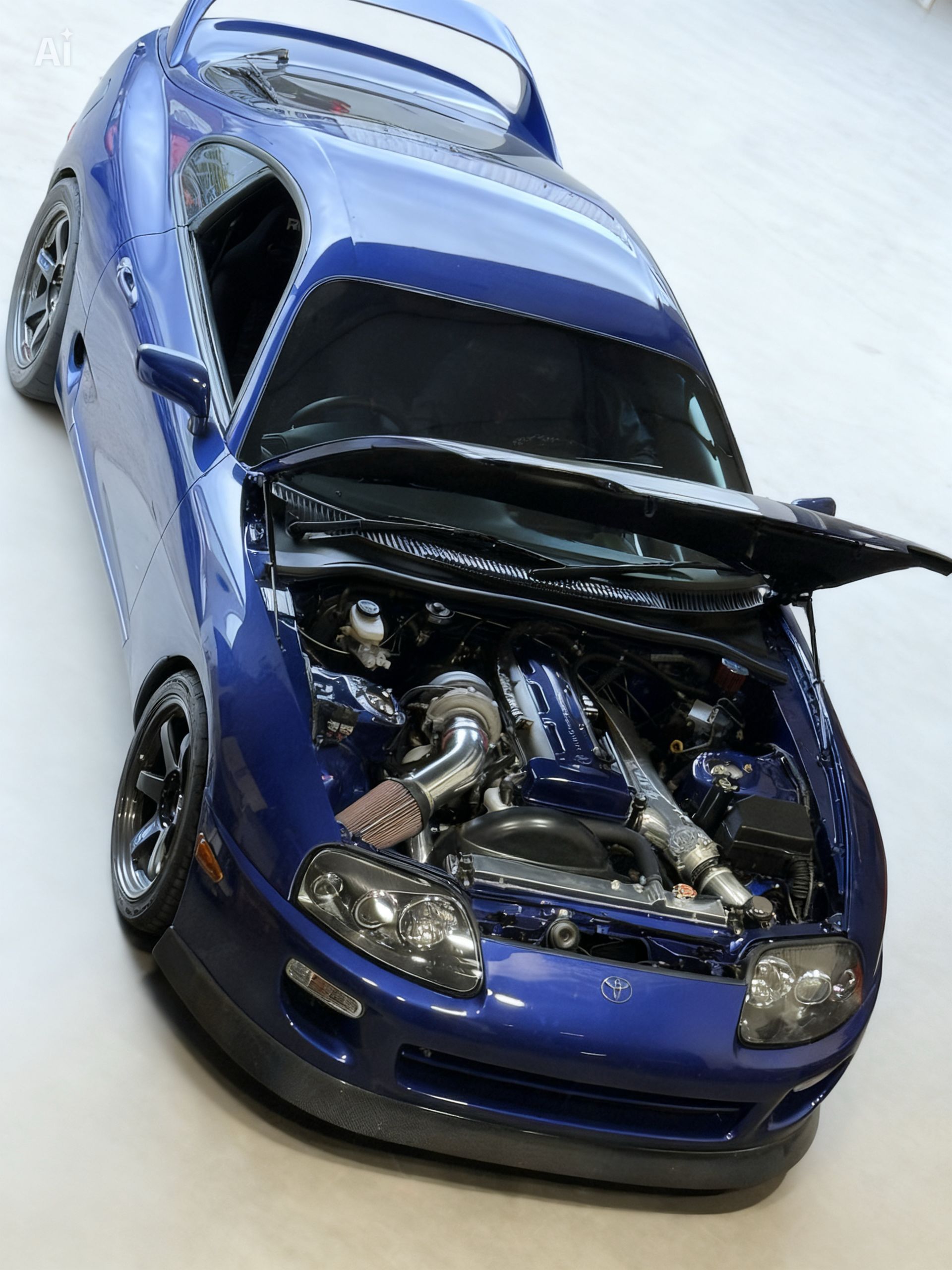 Blue modified sports car with exposed engine and open hood on display