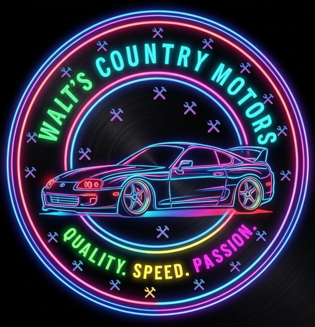 Neon logo of a sports car with “Walt’s Country Motors” and “Quality. Speed. Passion.” on a dark background