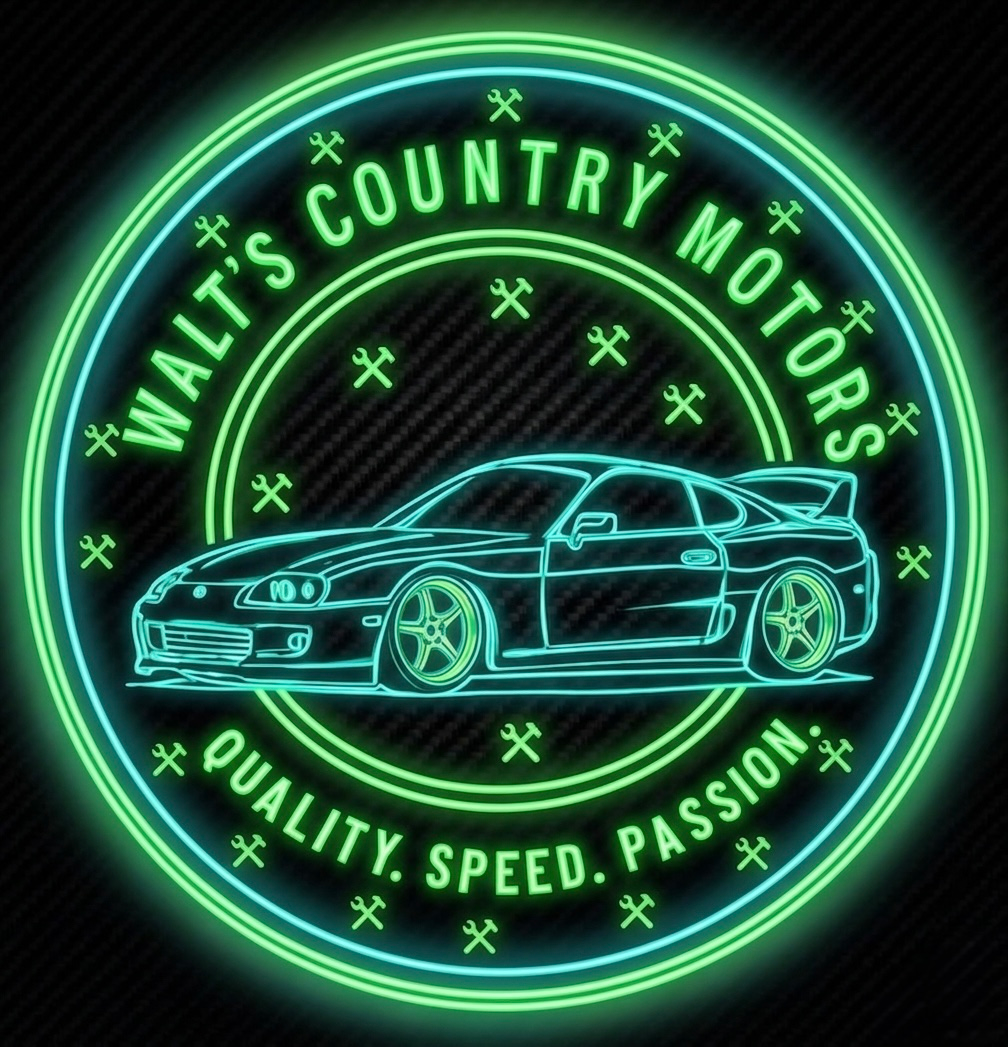 Neon green logo for Walt’s Country Motors with a sports car and the words “Quality. Speed. Passion.”
