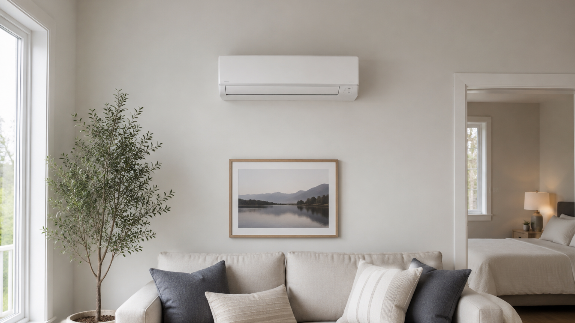 Bright living room with sofa, wall art, indoor plant, and an air conditioner above it