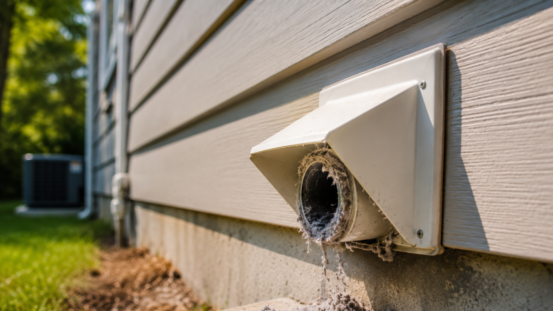 Wall vent on beige siding with a bird’s nest inside, near the ground by a house.