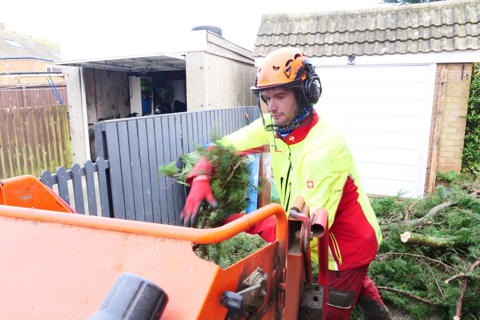 A man is cutting a tree with a machine.