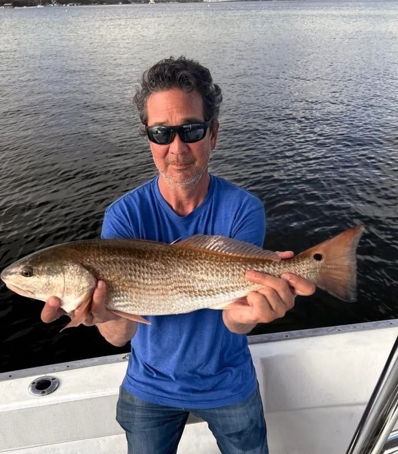 A person wearing sunglasses and a blue t-shirt holds a redfish on a boat on the water.