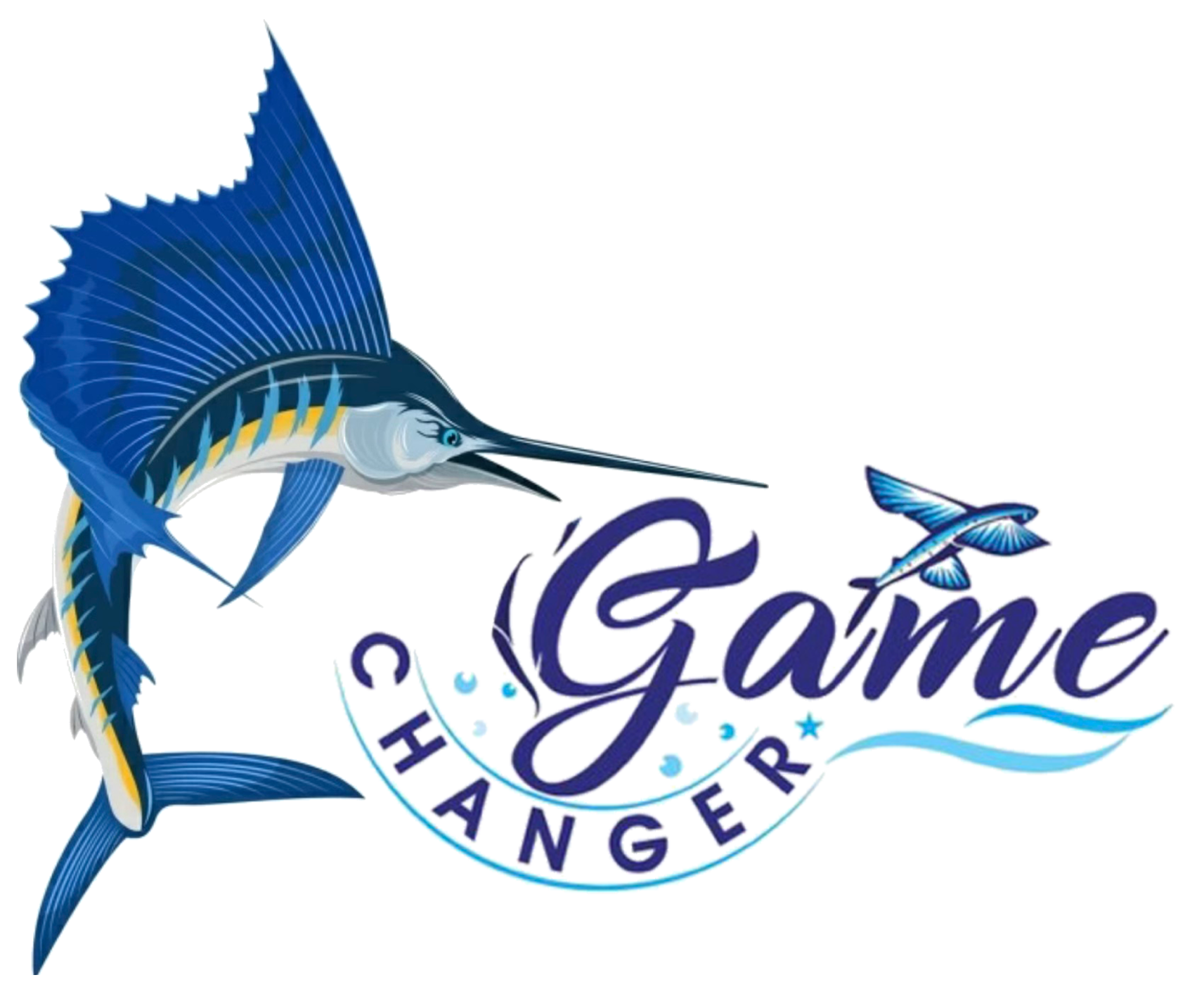 A blue sailfish leaping over the words "Game Changer," with a small fish flying above the text.