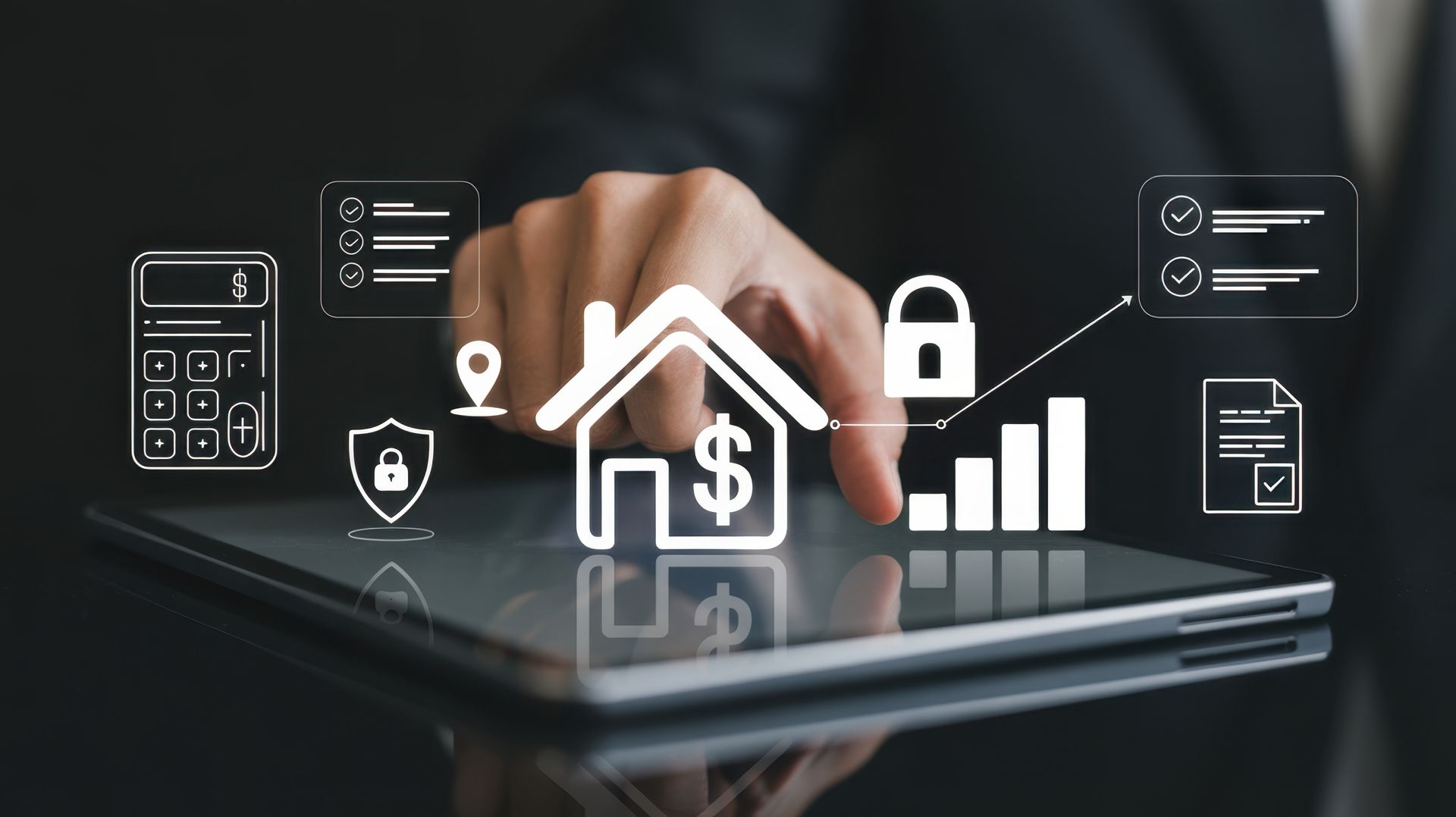 Hand placing a house icon on a tablet with financial and security symbols overlaid, dark background