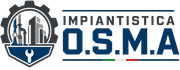 Logo per Impiantistica OSMA con emblema industriale blu-grigio e icona di chiave inglese
