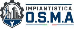 Logo per Impiantistica OSMA con emblema industriale blu-grigio e icona di chiave inglese