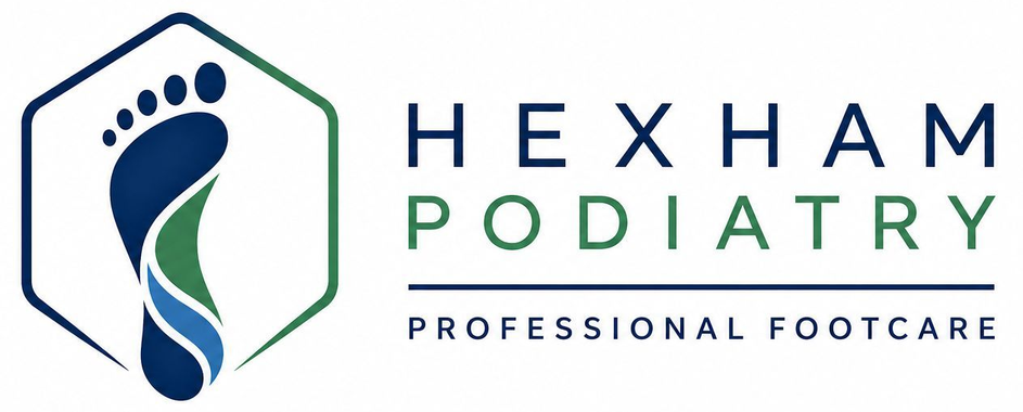Hexham Podiatry logo with blue and green foot icon and “Professional Footcare” text