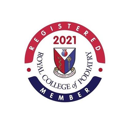 Royal College of Podiatry registered member logo, red, white and blue circular emblem with 2021 and crest