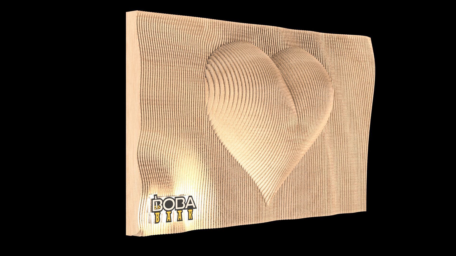 A 3d rendering of a wooden carving of a heart on a black background.