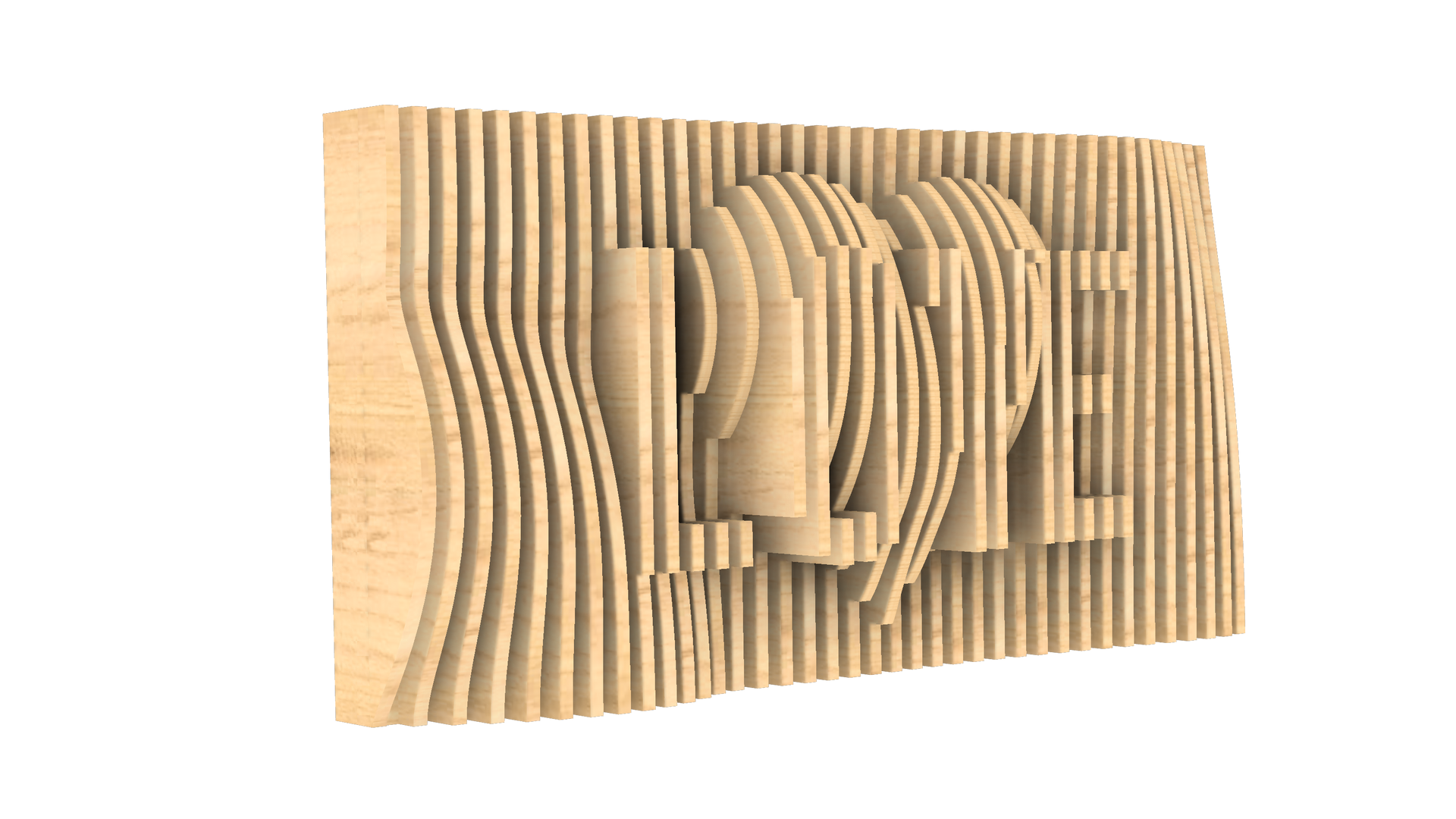 A 3d rendering of a wooden sculpture with the word love carved into it.