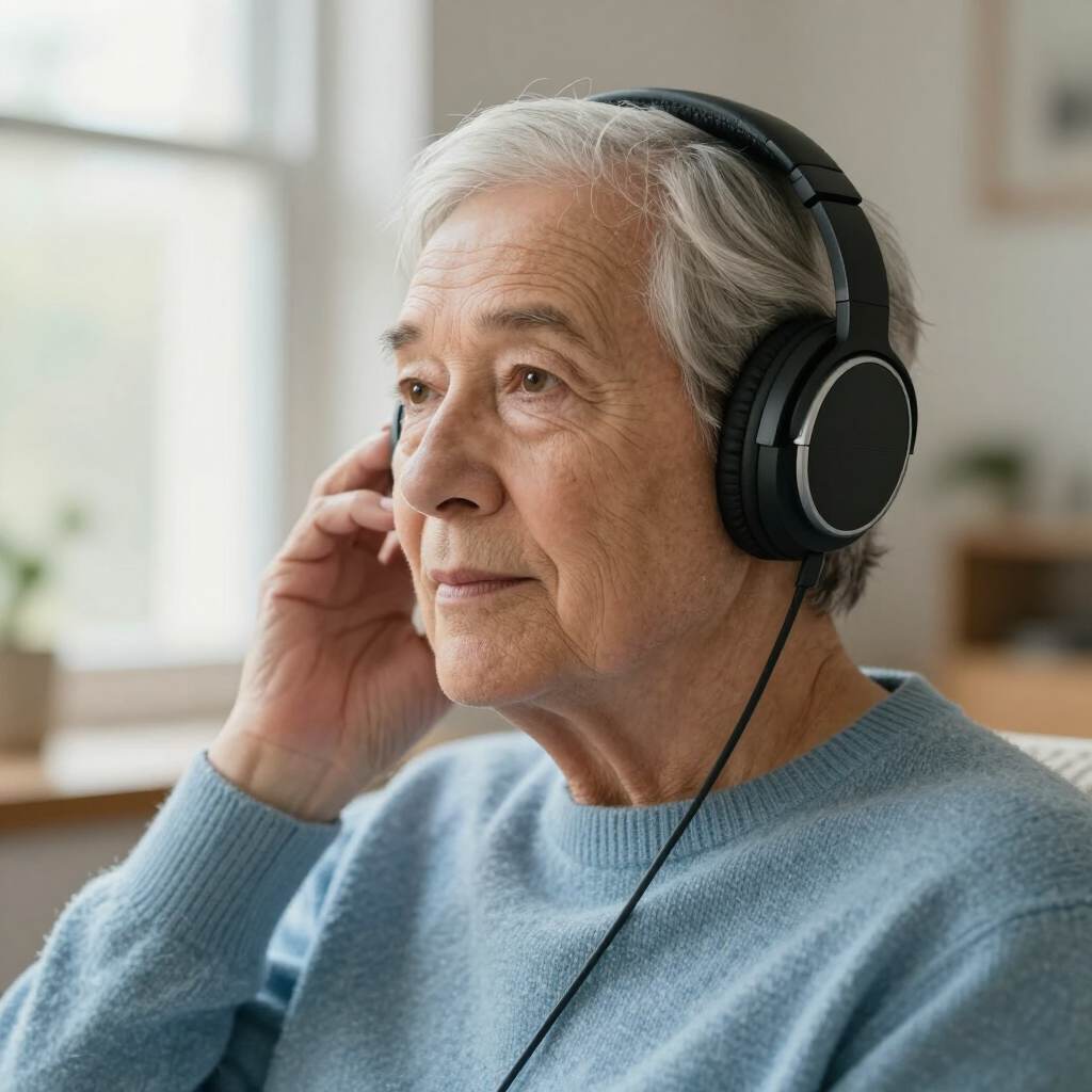 Una persona que lleva puestos auriculares supraaurales mientras está sentada en el interior de una vivienda 