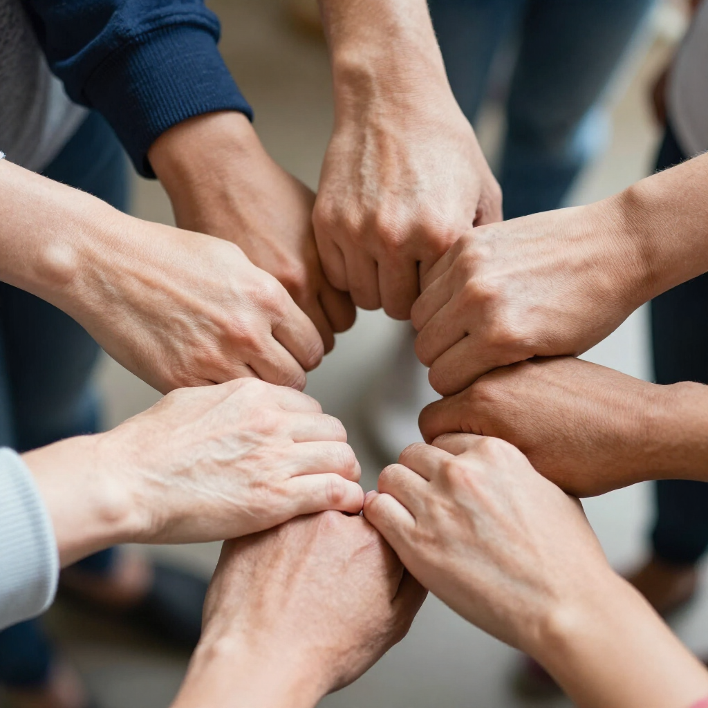 Un círculo de manos humanas se unen en el centro, representando la unidad y el trabajo en equipo.