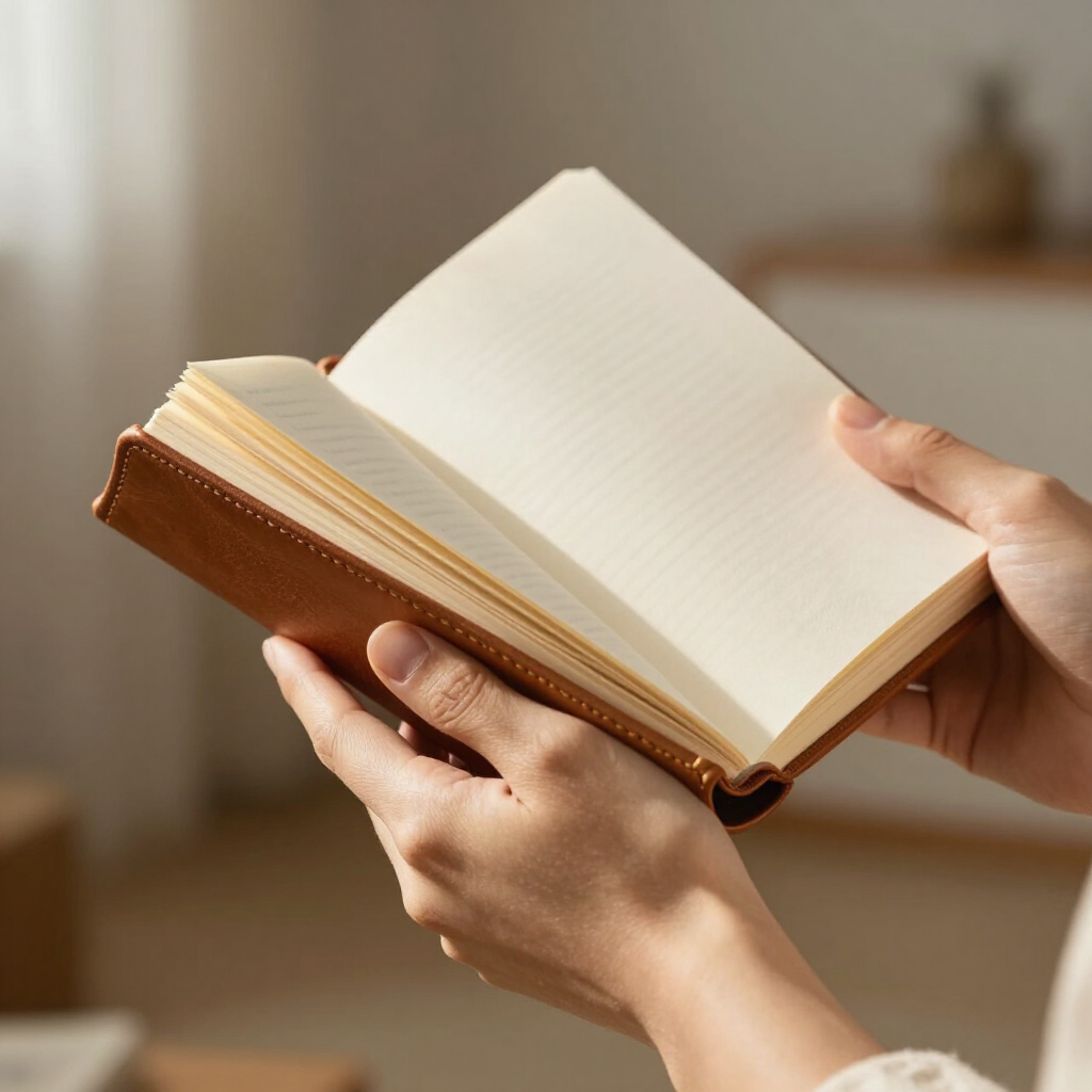 En una habitación con iluminación tenue y tonos neutros, unas manos sostienen un cuaderno abierto de páginas en blanco