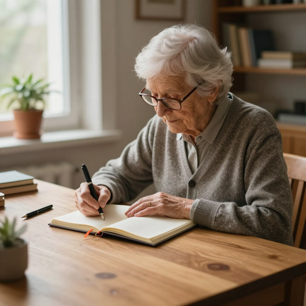 Una persona con gafas está sentada a una mesa de madera, escribiendo en un cuaderno