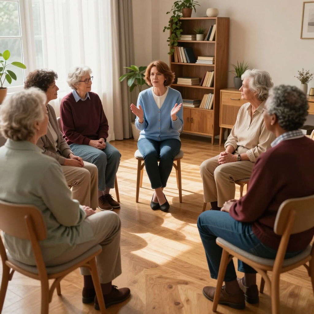 Un grupo diverso de personas sentadas en círculo en una habitación luminosa, participando activamente en una conversación.
