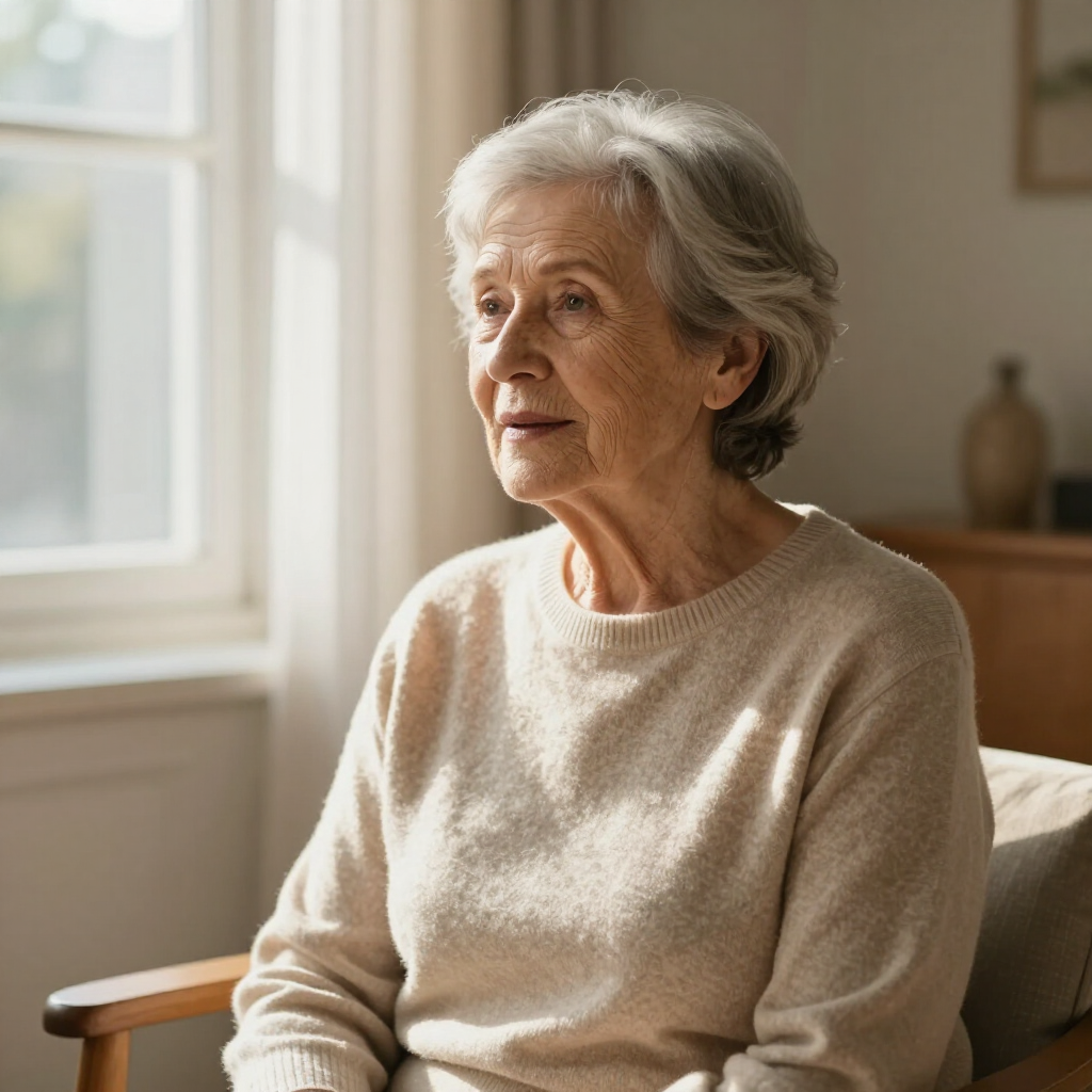 Una persona mayor, con el pelo gris y un jersey beige, sentada en una habitación soleada