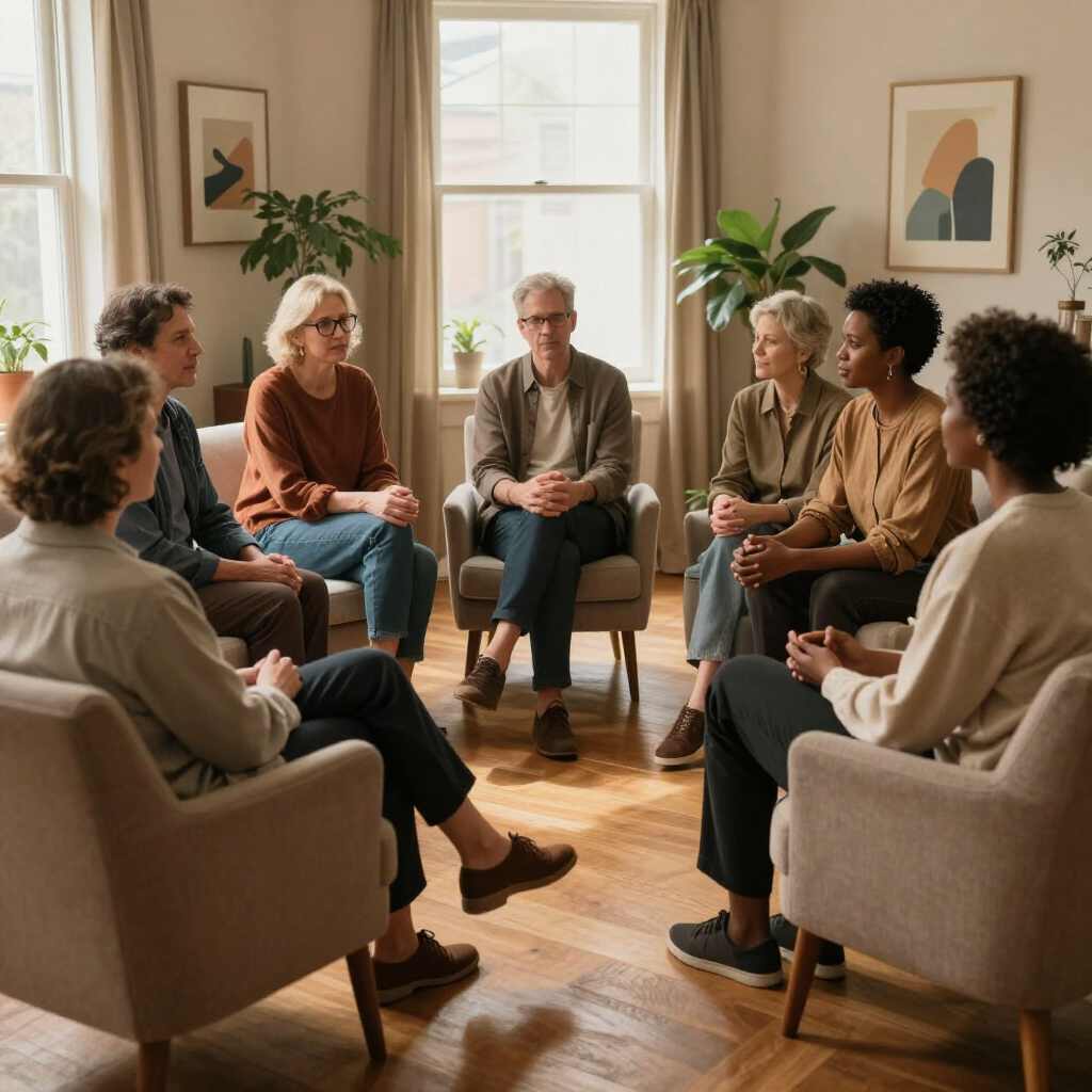Un grupo diverso de personas se sienta en círculo con sillas para participar en un debate en una habitación luminosa