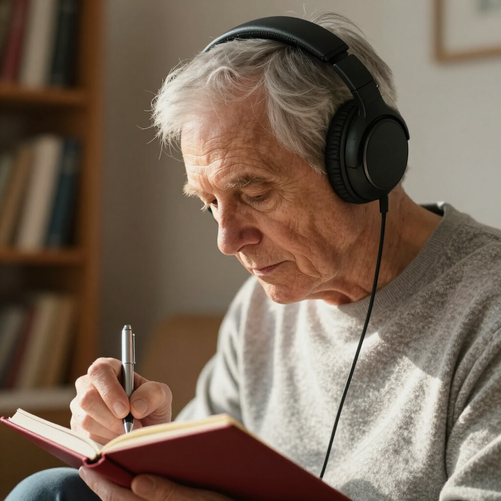 Una persona que lleva auriculares negros escribe en un cuaderno rojo mientras está sentada 