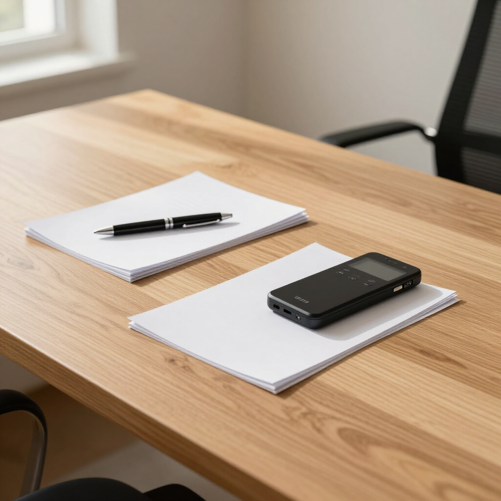 Dos cuadernos blancos con un bolígrafo negro y una grabadora digital portátil negra 