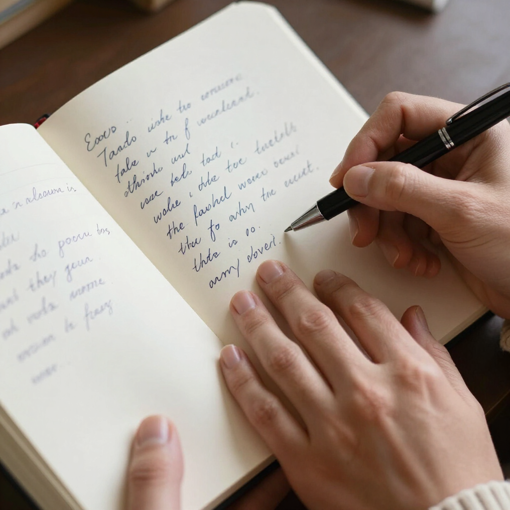 Unas manos escriben en letra cursiva con un bolígrafo negro sobre las páginas color crema de un cuaderno abierto.