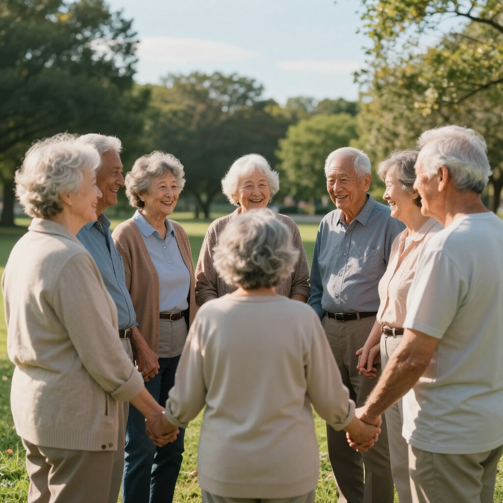 Un grupo de personas de pie en círculo al aire libre en un parque