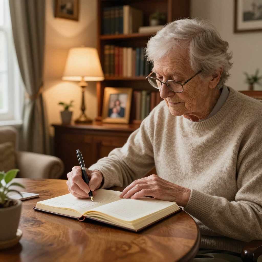 Una persona escribe en un cuaderno abierto sobre una mesa de madera en una habitación acogedora y con poca luz