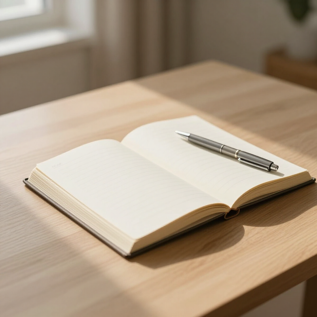 Un cuaderno abierto y vacío de color crema, con un bolígrafo apoyado sobre sus páginas
