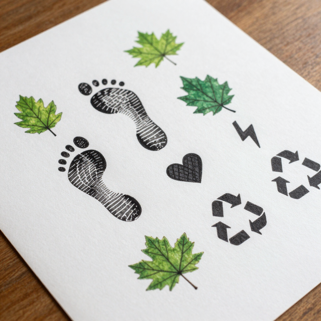 Dos huellas humanas, un corazón, un rayo y dos símbolos de reciclaje rodeados por cuatro hojas de arce verdes.
