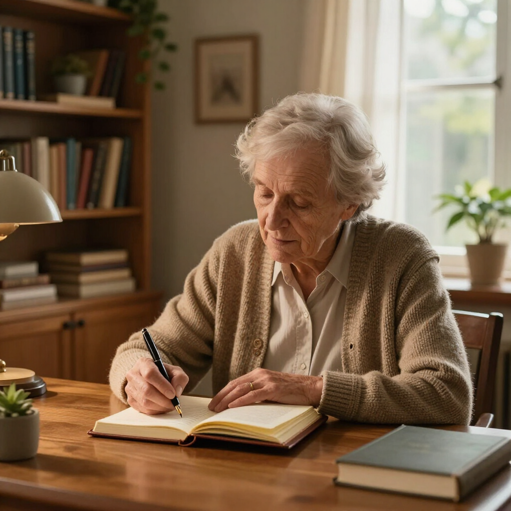 Una persona que lleva un cárdigan está sentada en un escritorio de madera escribiendo en un cuaderno abierto