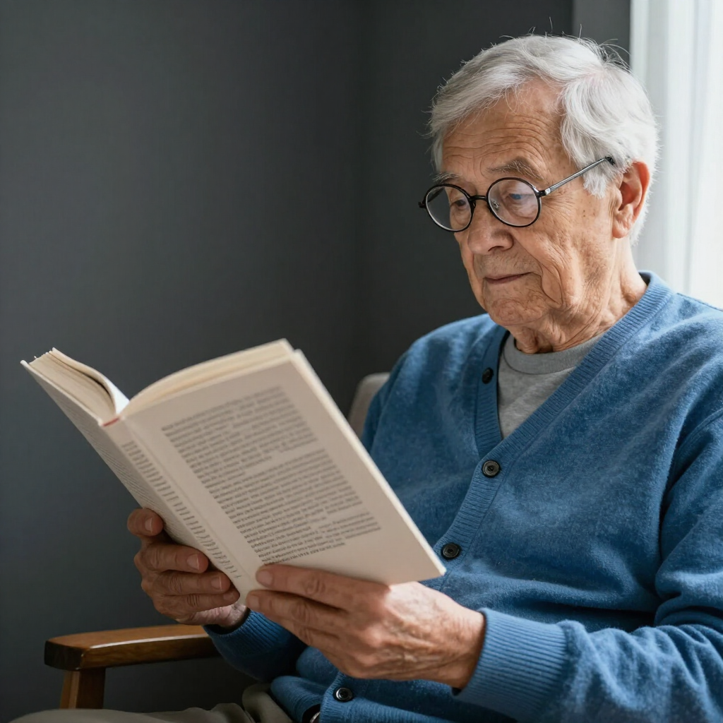 Una persona con cabello gris y gafas está sentada en una silla, concentrada en la lectura de un libro abierto