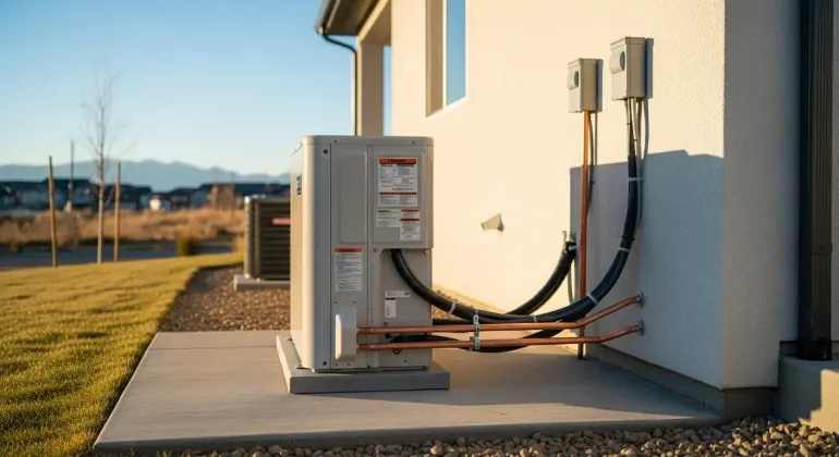 Outdoor utility meters and pipes mounted beside a house, with a grassy field in the background